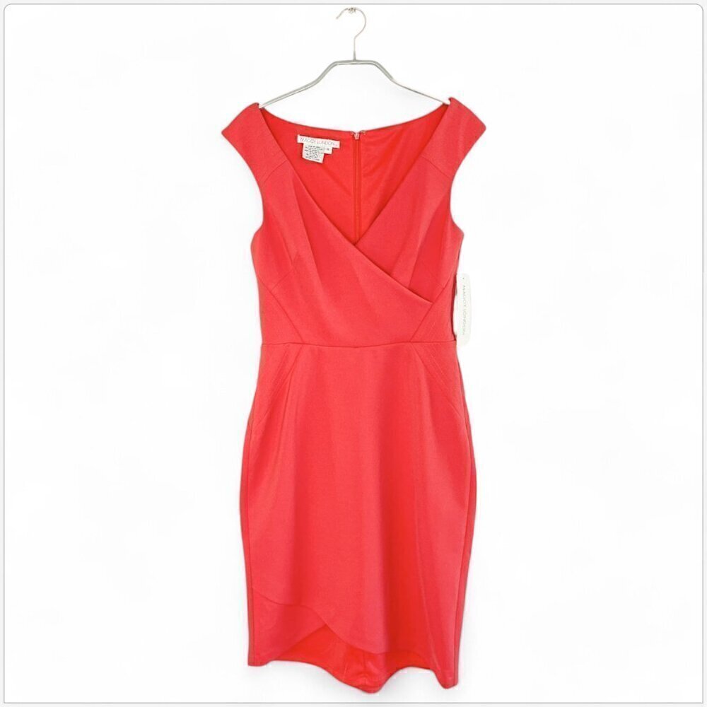 Maggy London Coral Stretch Wrap Look Seamed Detail Pencil Sheath Dress NEW NWT 8